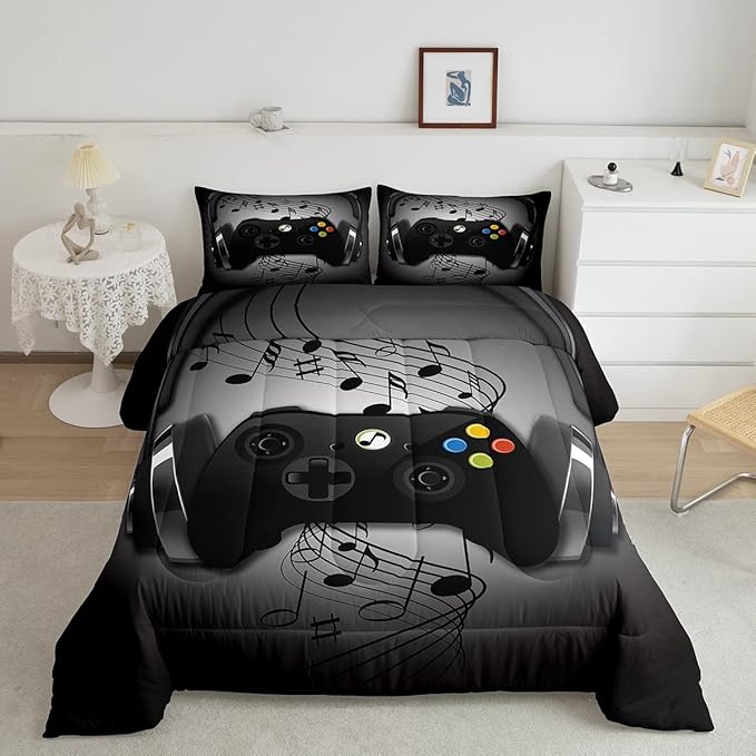Gamer Comforter Set Full Size,Black Grey Headphones Musical Design Games Gamepad Bedding Set for Kids Boys Video Game Room Decor Retro Playing Gamer Down Comforter Gaming Controller Quilted Duvet Set