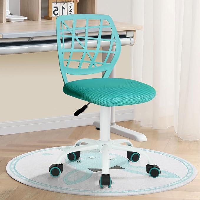 FurnitureR Kids Desk Chair, Armless Office Chair Small Adjsutable Swivel Task Chair with Soft Cushion for Study Kids Teens Child, Turquoise