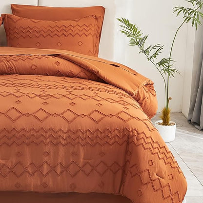 EMME Twin Comforter Set - 5 Pcs Pumpkin Boho Bedding Sets, Tufted Comforter with Sheets, Shabby Chic Embroidery Twin Size Bed Set Fluffy Bed Bag for All Season(68"X90")
