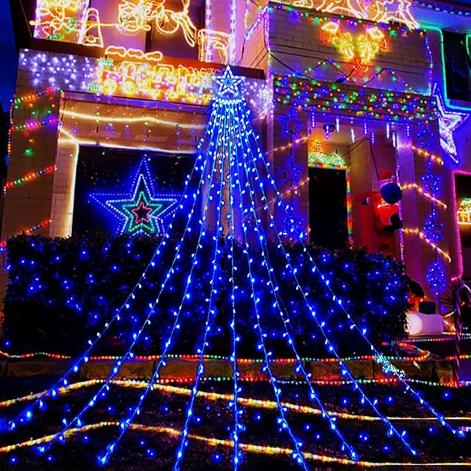 Aokudoni Christmas Lights Outdoor, 12.6FT 350 LED Blue Waterfall Lights Christmas Decorations, 8 Modes Christmas Lights for Tree, Outside Christmas Decorations for Yard Garden Patio Wall Porch