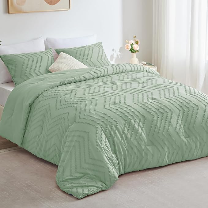CozyLux Queen Comforter Set Sage Green - 3 Pieces Boho Tufted Shabby Chic Bedding Comforter Set for All Seasons, Chevron Bedding Sets with Comforter & 2 Pillow Shams