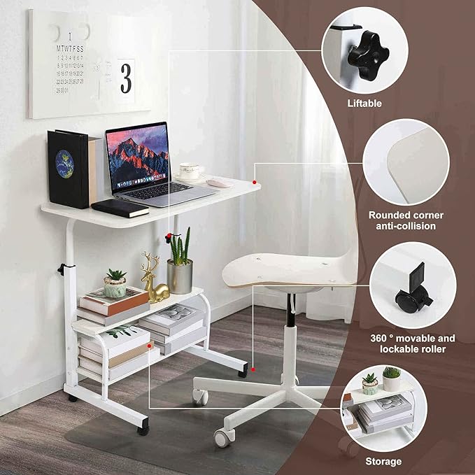 Adjustable White Home Office Desk with Storage and Detachable Wheels - 15.7 x 31.5 Inch