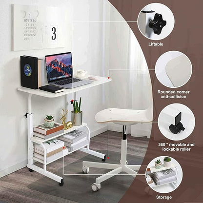 Adjustable White Home Office Desk with Storage and Detachable Wheels - 15.7 x 31.5 Inch