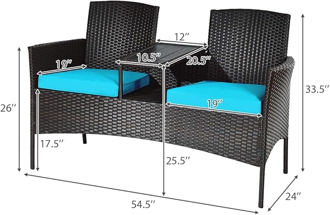 LUARANE Outdoor Rattan Sofas, Contract Patio Conversation Set Wicker Sofa Set with Built-in Coffee Table, Patio Furniture Set with Cushions, Rattan Loveseat for Lawn Backyard Garden (Brown+Blue)
