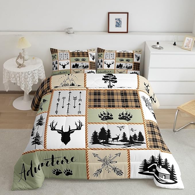 Camper Adventure Kids Comforter Set Full Size,Deer Antlers Bear Paws Farmhouse Bedding Set for Boys Girls Adults Room Decor,Arrows Plaids Patchwork Down Comforter,Rustic Duvet Insert,2 Pillowcases
