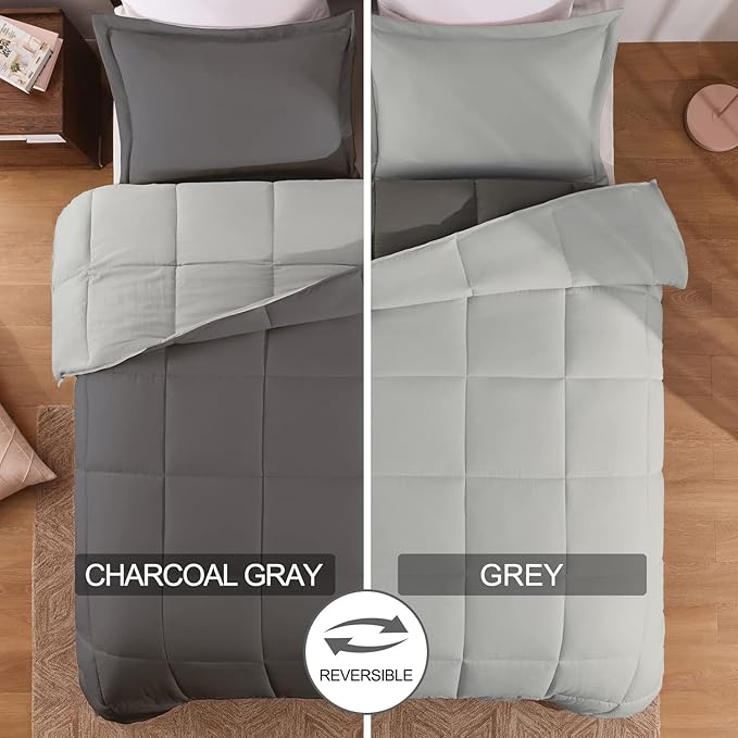 Basic Beyond King Size Comforter Set - Fluffy King Bed Comforter Set for All Seasons - Reversible Dark Grey Comforter Set - 3 Pieces (1 Comforter + 2 Pillow Shams) - Dark Gray/Grey