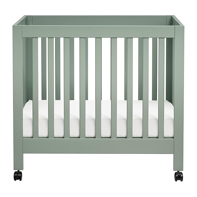 Babyletto Origami Mini Portable Crib Folding with Wheels in Light Sage, 2 Adjustable Mattress Positions, Greenguard Gold Certified