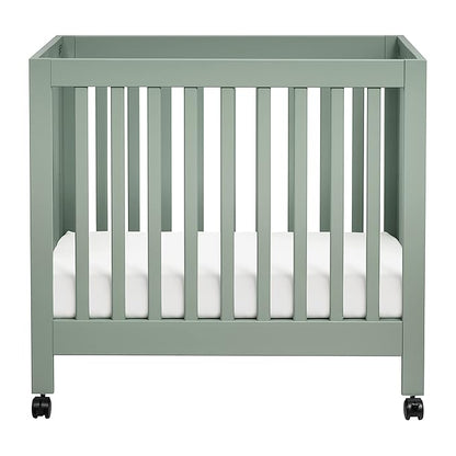 Babyletto Origami Mini Portable Crib Folding with Wheels in Light Sage, 2 Adjustable Mattress Positions, Greenguard Gold Certified