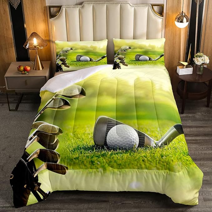 Erosebridal Golf Comforter Set Twin Size,Golf Clubs Bedding Set, Sports Game Theme Duvet Set Green Quilt Set, Boys Room Decorative Comforter Set Soft Breathable Ultra Lightweight