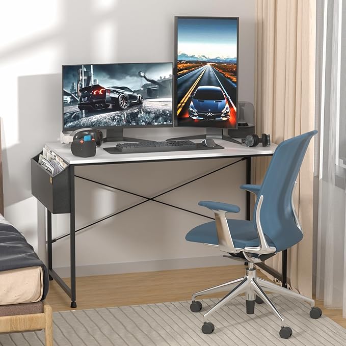 MoNiBloom Computer Desk 47 Inches with A Storage Bag, Student Laptop Writing Desks for Samll Space Home Office, White