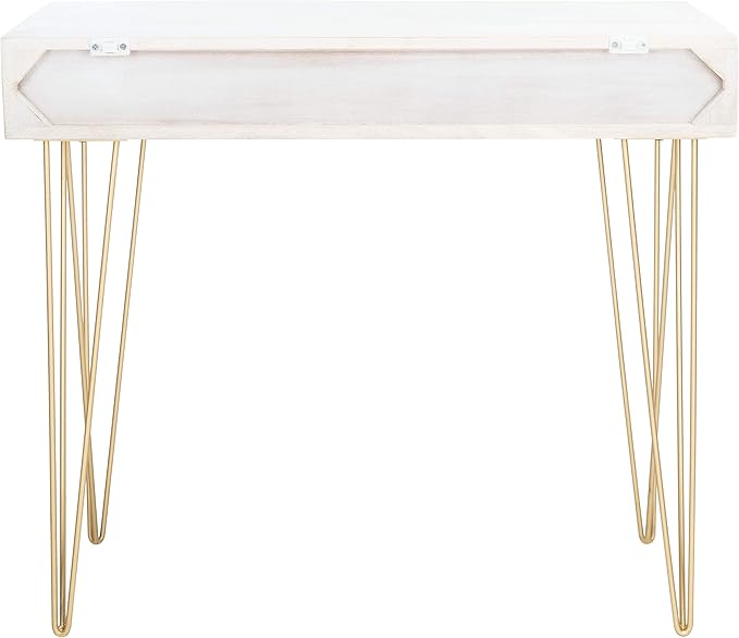 Safavieh Home Office Collection Marigold White Wash and Brass 1-Drawer Hairpin Leg Desk, 0