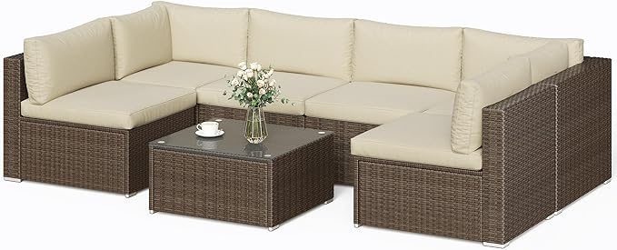 SUNVIVI OUTDOOR 7 Piece Patio Sectional Sofa Outdoor All Weather Brown PE Wicker Furniture Set, Paito Conversation Sofa Set with Glass Table, Removable Beige Cushions