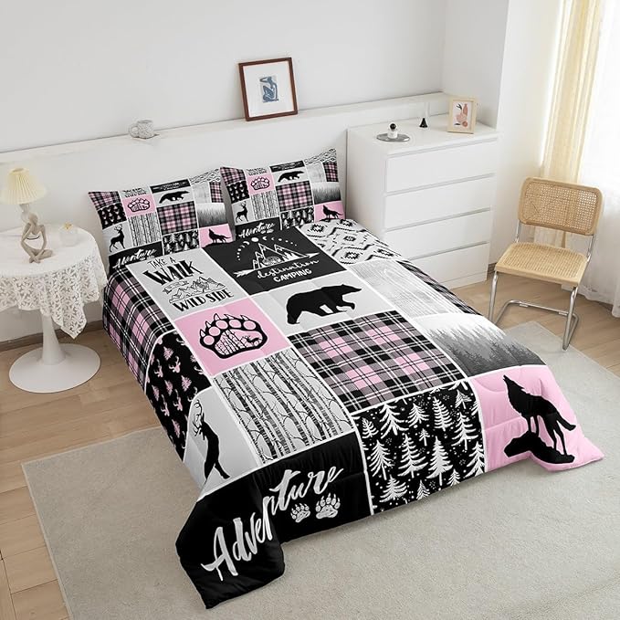 Rustic Farmhouse Comforter Set King Size,Deer Bear Wolf Hunting Animals Bedding Set for Kids Boys Girls Adults Room Decor,Pine Trees Patchwork Down Comforter,Pink Xmas Duvet Insert,2 Pillowcases