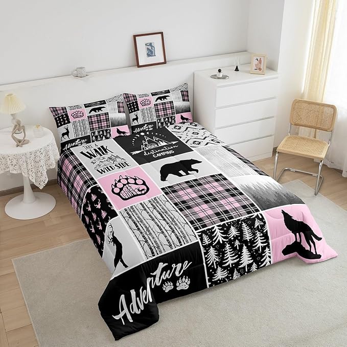 Rustic Farmhouse Comforter Set Queen Size,Deer Bear Wolf Hunting Animals Bedding Set for Kids Boys Girls Adults Room Decor,Pine Trees Patchwork Down Comforter,Pink Xmas Duvet Insert,2 Pillowcases