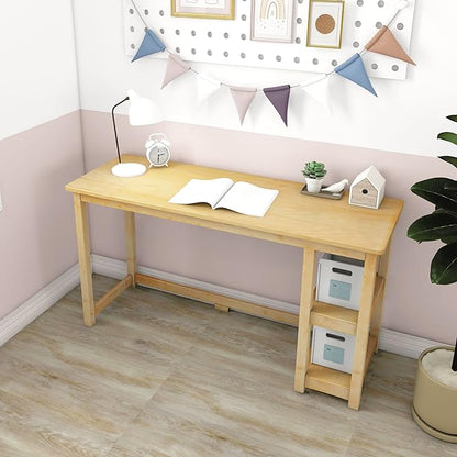 Max & Lily Solid Wood Desk With Shelves, 55 Inches, Natural