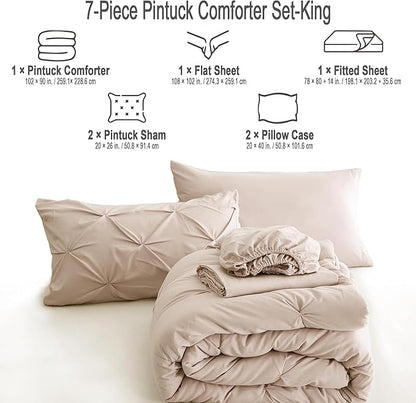 Ubauba 7pc Beige King Size Comforter Set with Sheets, 7 Piece Pintuck Bed in a Bag Ivory Bed Set with Comforter, Off White Bedding Comforters & Sets (Cream, King)