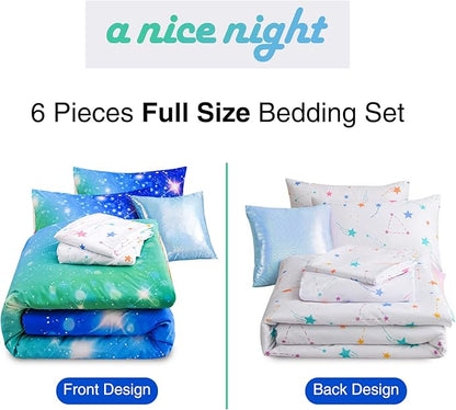 A Nice Night 6Pcs Gradient Glitter Bedding Set for Girls, Colorful Rainbow Galaxy Comforter Set, Ultra Soft Bedding Sets (Blue-Green,Full 6Pcs)
