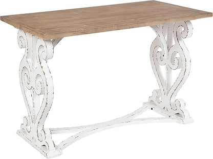 Kate and Laurel Wyldwood Farmhouse Wooden Desk, 46 x 24 x 30, Brown and White, Rustic Carved Wood Computer Desk for Functional and Stylish Home Office Decor