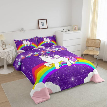 Unicorn Comforter Set Full Rainbow Bedding Set For Girls Children Purple Cute Unicorn Glitter Down Comforter Kids Cartoon Kawaii Warm Soft Duvet Set Galaxy Stars Fantasy Bedroom Decor 2 Pillow Cases