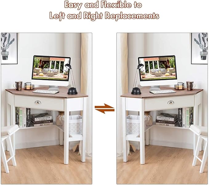 Nightcore Small, Wood Computer Desk, Compact Writing w/Drawer & Storage Shelves, Space Saving Study Workstation, Laptop PC Corner Table, Natural