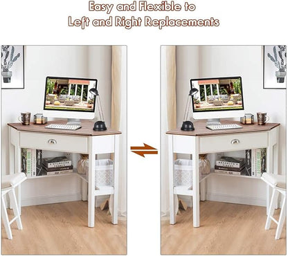 Nightcore Small, Wood Computer Desk, Compact Writing w/Drawer & Storage Shelves, Space Saving Study Workstation, Laptop PC Corner Table, Natural