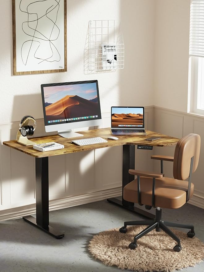 Marsail L Shaped Electric Standing Desk, 55x34 Inch Standing Desk Adjustable Height with Headphone Hook, Large Computer Desk Sit Stand Desk for Home Office Sturdy Writing Workstation, Vintage