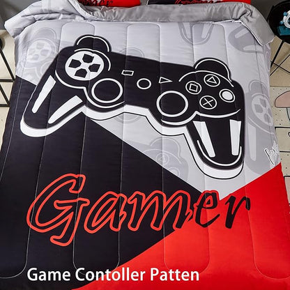 Gaming Comforter Sets for Kids Teen Boys,Video Games Controller Pattern Bedding Set for Room Decor, Full Size 3-Piece Reddish Black Gamer Comforter with 2 Pillowcases,All Season(Red,Full)