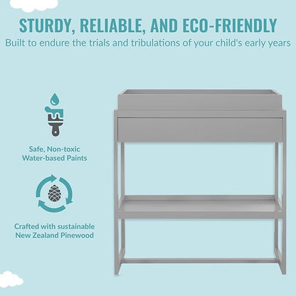 Arlo Changing Table in Pebble Grey, Made of Solid New Zealand Pinewood, Non-Toxic Finish, Comes with Water Resistant Mattress Pad & Safety Strap