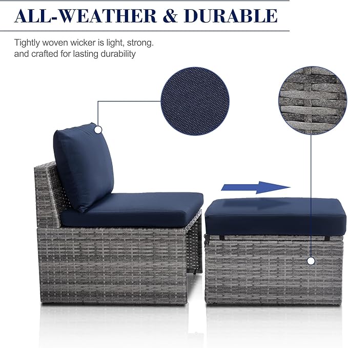 BACKYARD EXPRESSIONS PATIO · HOME · GARDEN w Backyard Expressions 2 Pc. Outdoor Conversation Chair Set with Storage and Ottoman, 250lb Weight Capacity, Navy Blue/Grey Wicker