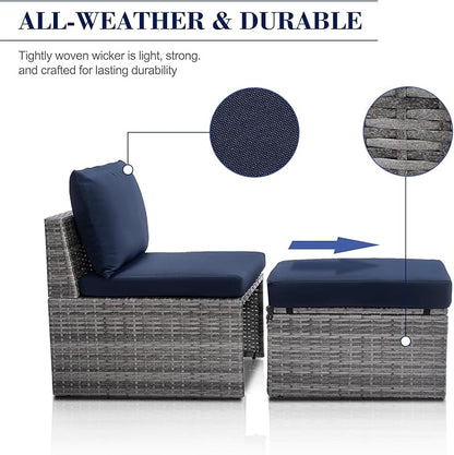 BACKYARD EXPRESSIONS PATIO · HOME · GARDEN w Backyard Expressions 2 Pc. Outdoor Conversation Chair Set with Storage and Ottoman, 250lb Weight Capacity, Navy Blue/Grey Wicker