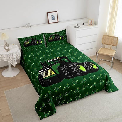 Erosebridal Boys Tractor Comforter Set Twin Size, Green Equipment Trucks Bedding Set, Construction Excavator Down Comforter, Cartoon Kids Car Room Decor Lightweight Soft Quilt Set, Farm Car Comforter