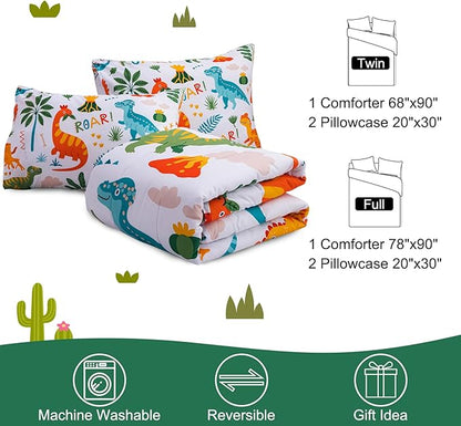 Meeting Story Dinosaur Bedding Set for Boys, Dinosaur Colorful Pattern Style Full Comforter Set, 3 PCS 1 Comforter and 2 Pillowcases in One Bag(Full,White)
