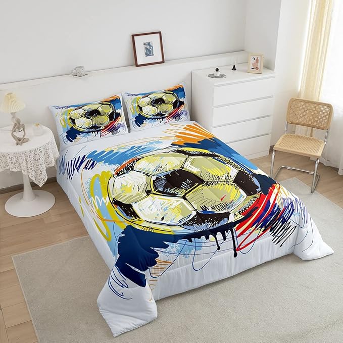 Erosebridal Soccer Bedding Set Queen Size Kids Football Comforter Set Sports Games Bed Comforter Set for Teen Girls Room Decor Colorful Hip Hop Graffiti Quilt Duvet Insert 2 Pillow Cases
