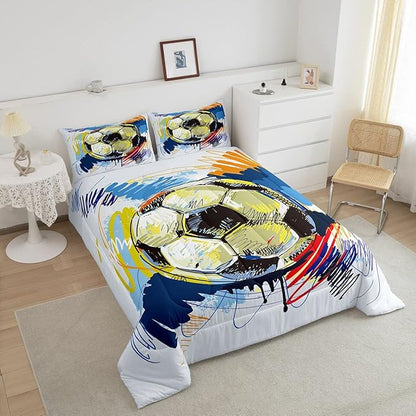 Erosebridal Graffiti Soccer Comforter Set King Size Football Quilt Set Sports Soccer Bedding Set for Kids Boys Girls Teen Soft Lightweight Duvet Insert for All Season,2 Pillow Cases Colorful