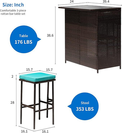 FDW 3PCS Patio Bar Set Outdoor Furniture Set Wicker Bistro Set with Two Stools for Patio Backyard Balcony,Blue Cushion