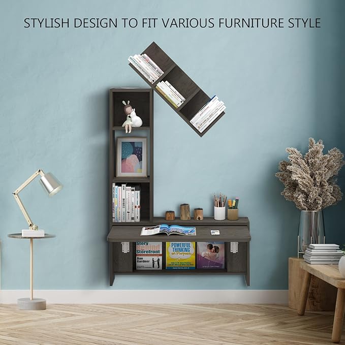 Folding Wall Mounted Drop Leaf Table, Foldable Desk with Moveable Cabinets, Floating Laptop with Convertible Storage Shelves, Multifunctional Computer Workstation in Home (Dark Grey)