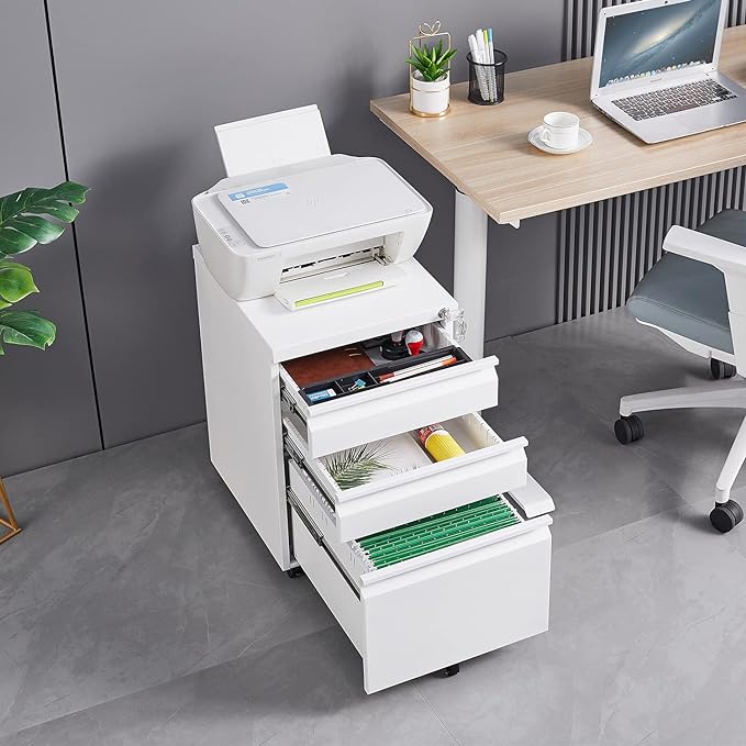 3-Drawer Mobile Lock and 5 Casters,Pre-Assembled Metal Office Storage Filing Cabinets w/ 1 Removable Hanging Rods,for Legal/Letter Size,White