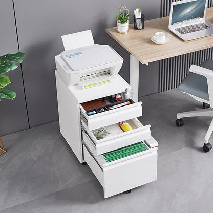 3-Drawer Mobile Lock and 5 Casters,Pre-Assembled Metal Office Storage Filing Cabinets w/ 1 Removable Hanging Rods,for Legal/Letter Size,White