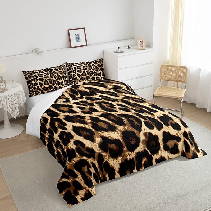 Black Brown Leopard Print Comforter Set Women Cheetah Printed Bedding Set Men Africa Animal Wildlife Duvet Set for Kids Girls Teens Bedroom Decor Luxury Home Hotel Room Soft Comforter King Size 3Pcs