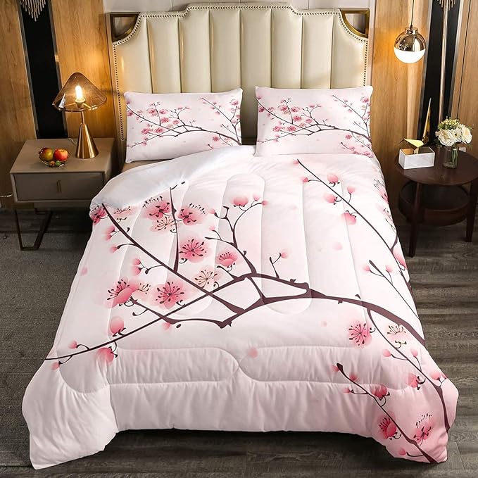 Erosebridal Cherry Blossoms Comforter Set Full, Girl Pink Floral Down Comforter, Japanese Spring Bedding Set, Pale Pink Blossom Petal Quilted Duvet, Branch Floral Duvet Set for Women,Girly Romantic