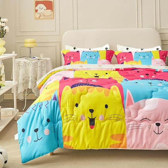Wajade Kids Cute Cats Comforter Set Bed in A Bag Twin Size 7 Piece Colorful Cartoon Pet Cats Bedding Set for Boys Girls (1 Comforter, 1 Flat Sheet, 1 Fitted Sheet, 2 Pillowcase and 2 Pillow Sham)