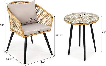 YITAHOME 3-Piece Wicker Balcony Small Patio Furniture Chair Set, Outdoor Rattan Conversation Chairs for Backyard, Balcony and Apartment with Soft Gray Cushions, Glass Side Table Light-Yellow