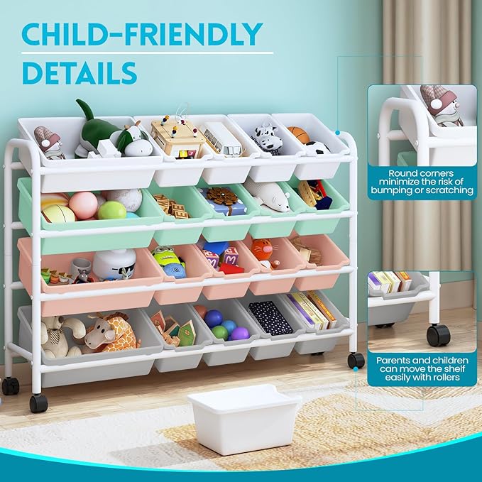 Kids Toy Storage Organizer with 20 Plastic Bins, 4-Tier Metal Toy Storage Rack, Extra Large Toy Organizer and Storage Bins for Kids Room, Playroom and Nursery, Multi-Color