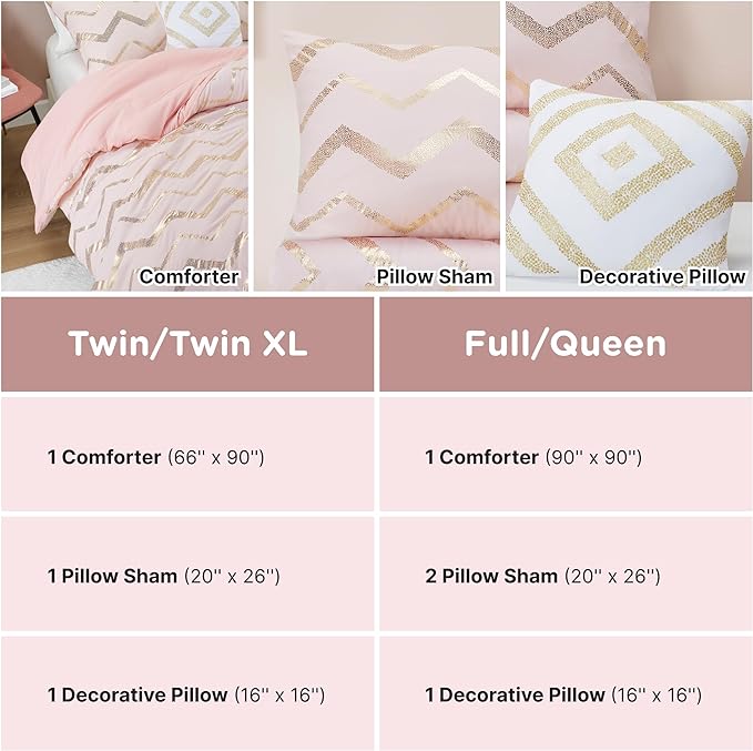 Codi Twin Comforter Set for Girls - Cute Pink Bedding Sets for Twin Size Bed - 3 Piece Set for Teen Girl - includes 1 Rose Gold Comforter, 1 Decorative Pillow, 2 Pillow Cases - All Seasons Warm