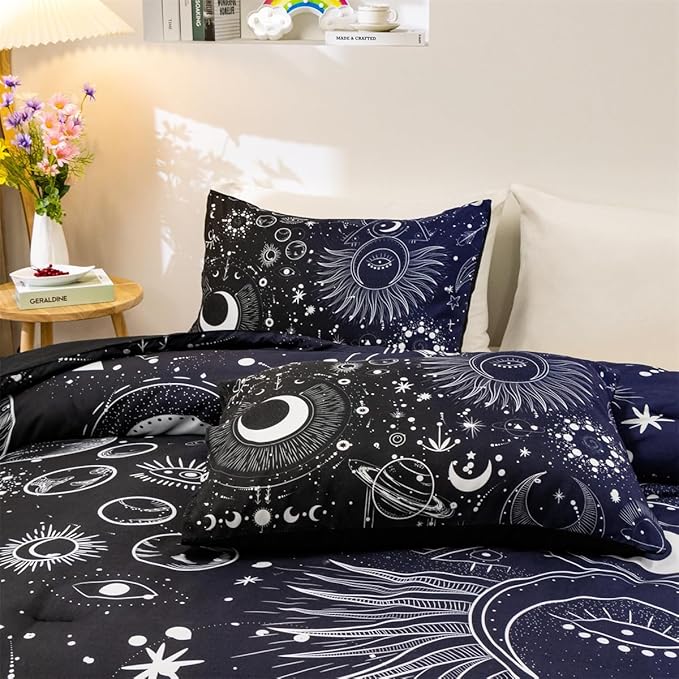 Holawakaka Stars Moon Constellation Print Comforter Set Twin Size Girls Boys Witchy Astrology Zodiac Celestial Bedding Set (Navy Blue,Twin)