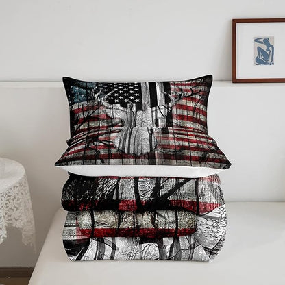 Feelyou American Flag Deer Antlers Bedding Set Hunting Camping Comforter Set for Kids Boys Girls USA Flag Comforter Tree Branch Inner Fill Duvet Set 1 Comforter Set with 2 Pillowcases Queen Size