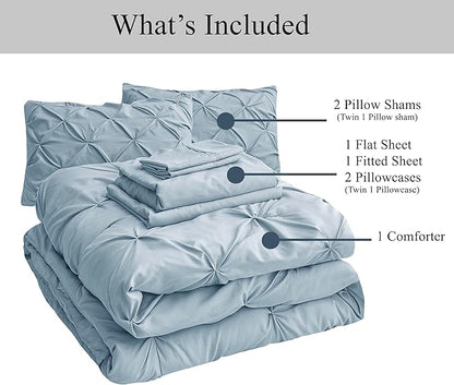 LANE LINEN Bedding Comforter Set Full Size, 7 Piece Full Size Bed in a Bag Set, Soft Bedding Sets Full Size, Pintuck Full Bed Set, Full Comforter Sets with Sheets, Pillowcases & Shams - French Blue