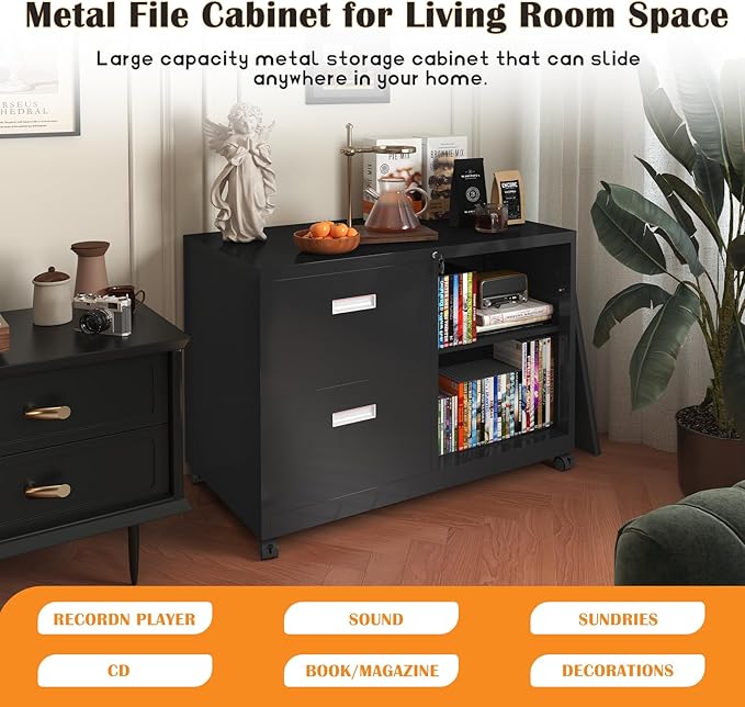 Metal File Cabinet Printer Stand with 2 lockable full extension drawers and 1 lockable door, adjustable shelf, for Home office and Study room Organizer Letters/Legal/A4,BLACK