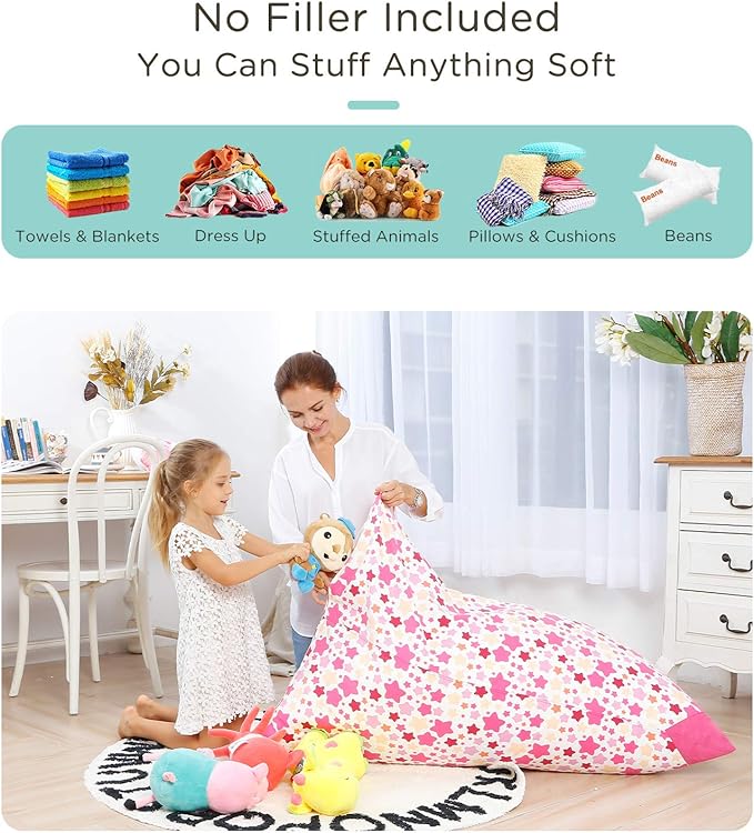 Aubliss Stuffed Animal Storage Bean Bag Chair Cover, 50"x 35" Extra Large Bean Bags for Kids & Adults, Beanbag Toy Storage for Boys Girls - Premium Cotton Canvas Bola