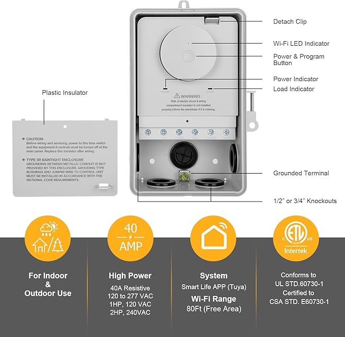 SURAIELEC WiFi Pool Timer, 40 AMP, 1HP 120V, 2HP 240V, Outdoor Indoor Smart Switch, Heavy Duty Pool Controller Light Timer Box for Pump, Water Heater, Spa, Powerful Electrical Appliances